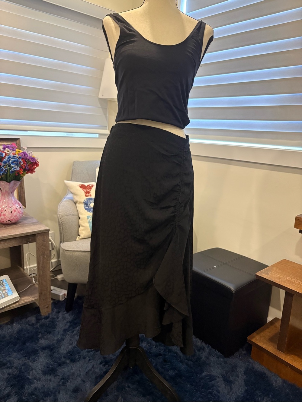 Vintage Y2K Max Studio Black Ruched Asymmetrical Ruffle Midi Skirt